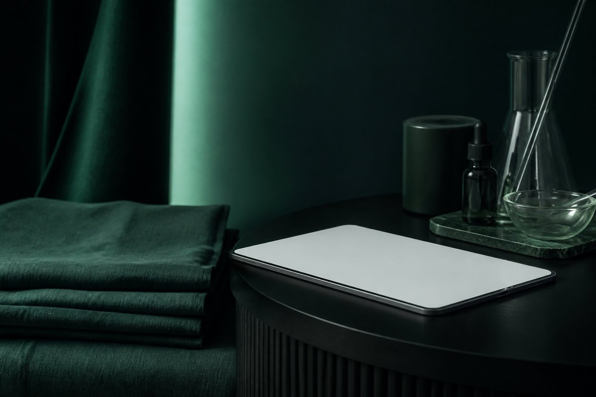 Forest-green still life: folded linen at the lower back, tablet on a side table
