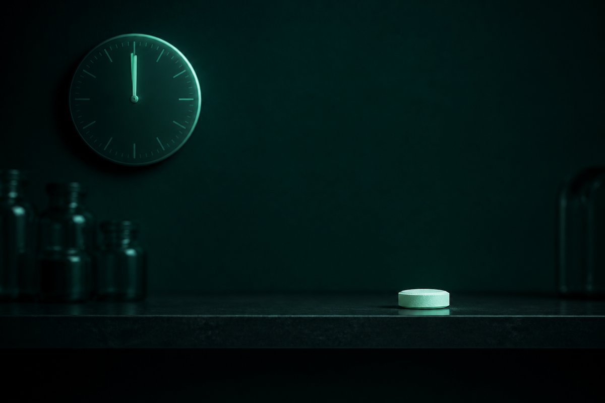 Forest-green still life: wall clock at midnight and one tablet on a long dark bar