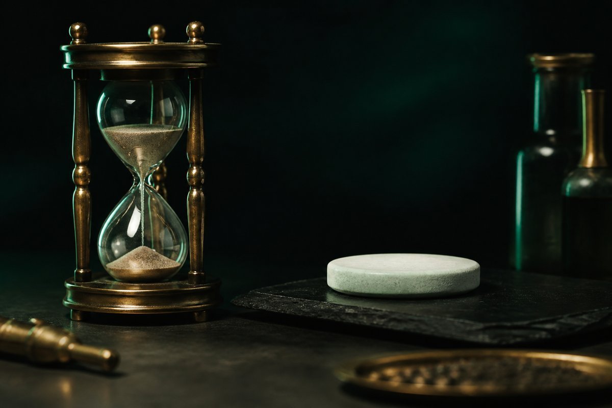 Forest-green still life: worn brass hourglass beside one tablet, no numbers
