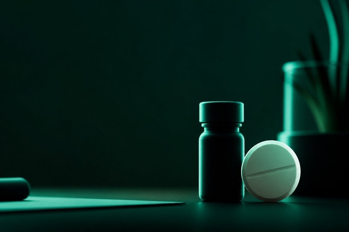 Forest-green still life: small daily bottle silhouette next to a larger as-needed tablet
