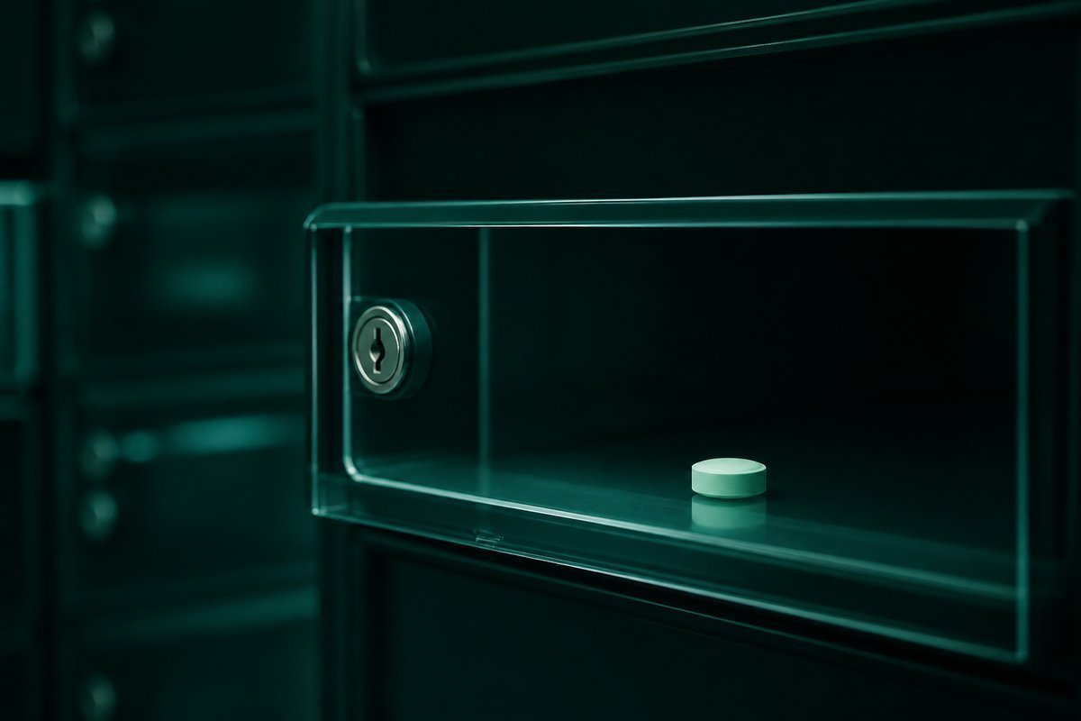 Forest-green still life: locked glass pharmacy drawer with a single tablet behind the pane