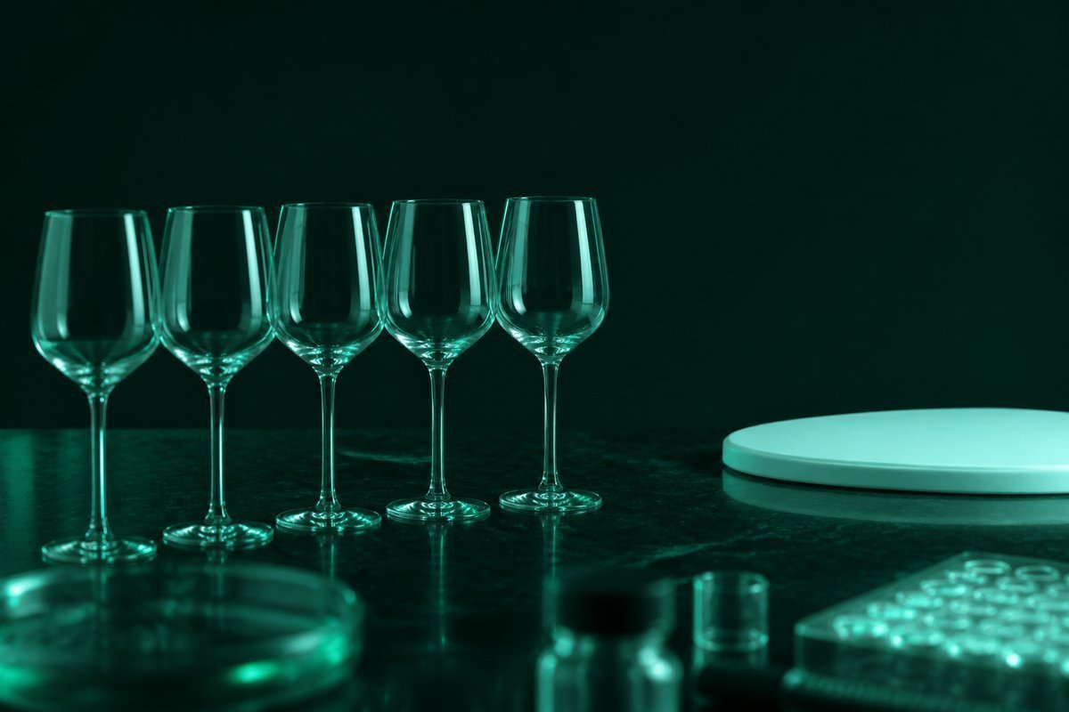 Forest-green still life: five empty wine stems in a row, tablet far to the right
