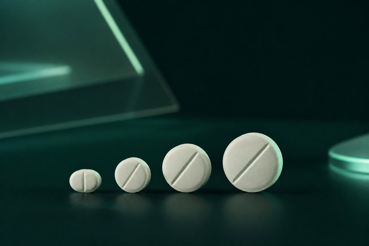 Forest-green still life: four pale tablets in a rising stair of sizes