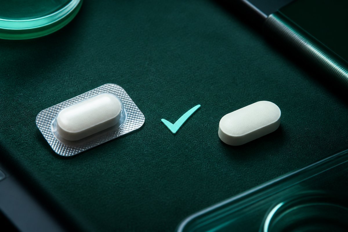 Forest-green still life: two identical pale tablets, one still in foil, mint tick between them