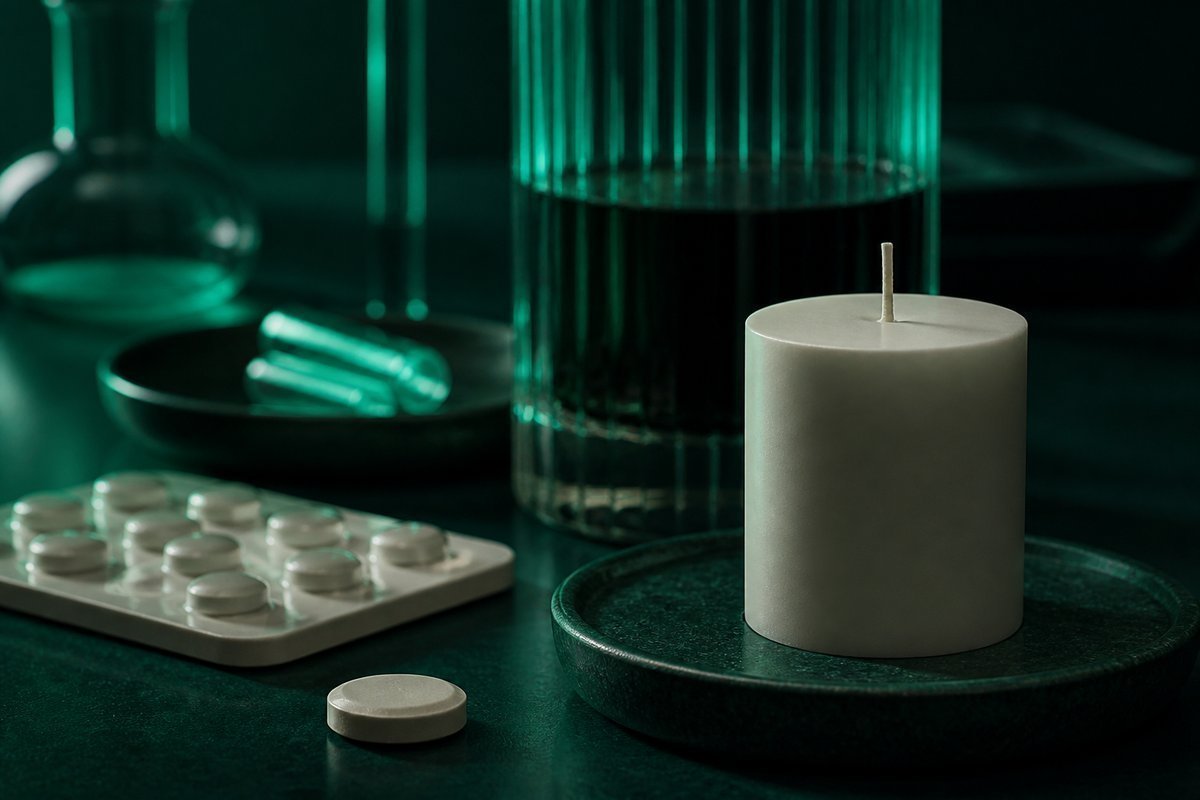 Forest-green still life: unlit candle and a tablet; no flame yet