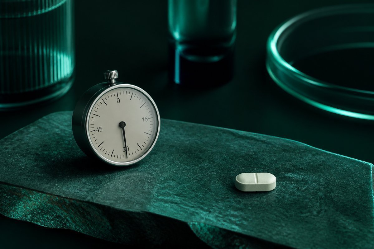 Forest-green still life: small analog timer at thirty and a pale tablet on teal stone