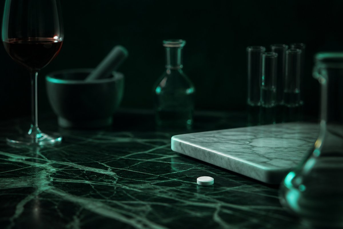 Forest-green still life: wine aside, cycle tablet