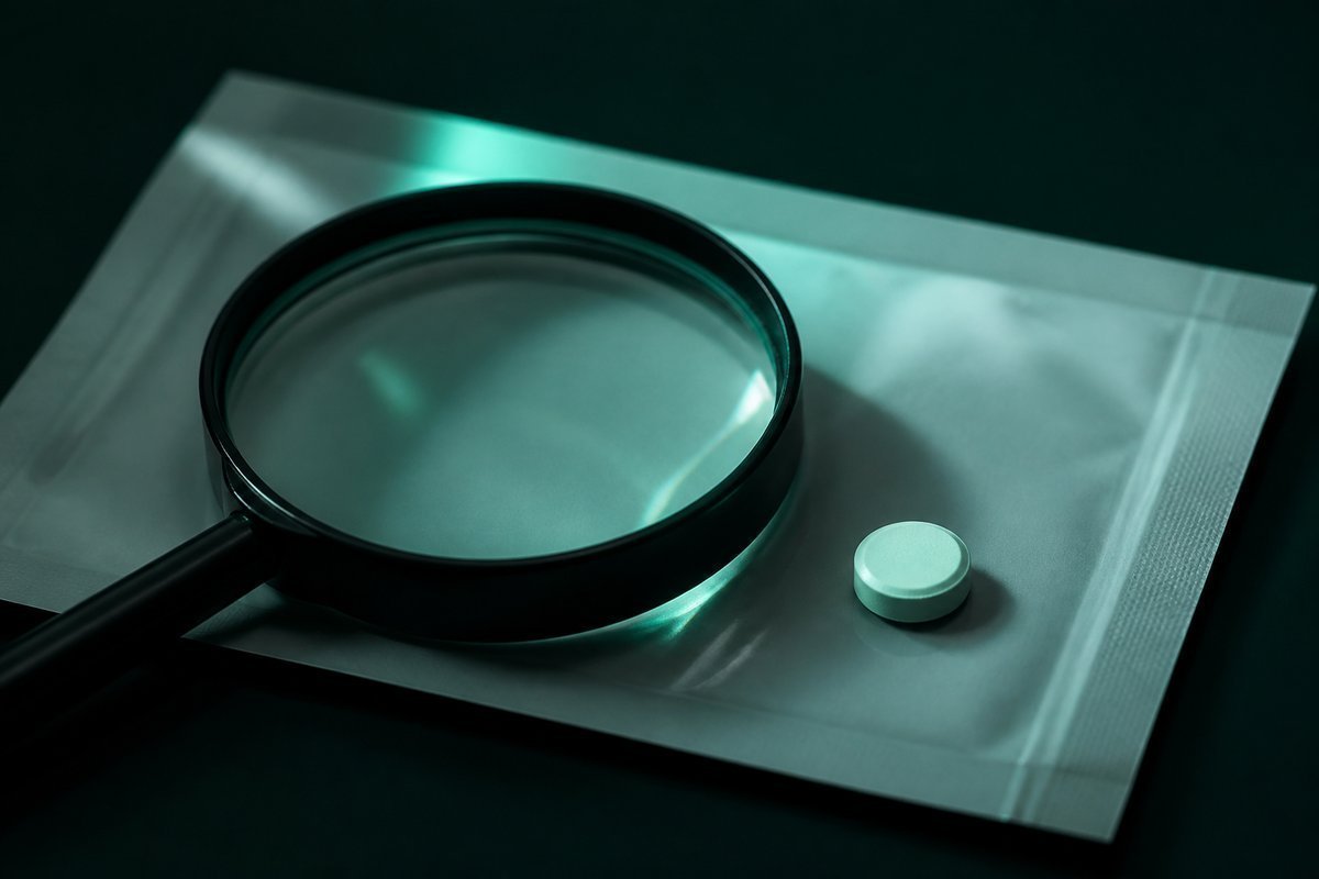Forest-green still life: loupe on a clomiphene mailer