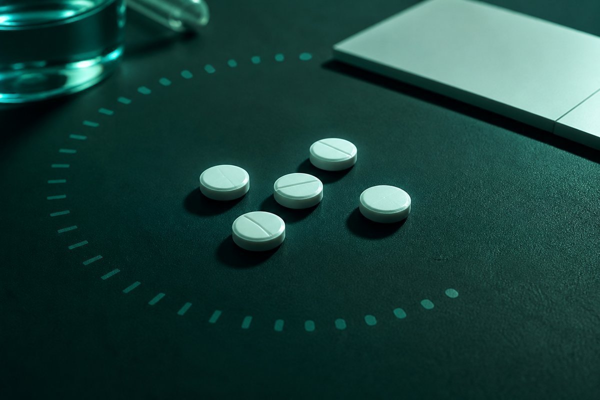 Forest-green still life: cycle-day marks, five tablets