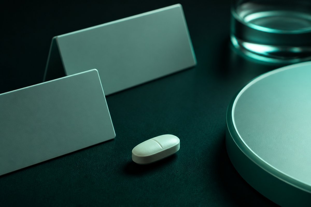 Forest-green still life: two names, one 50 mg tablet