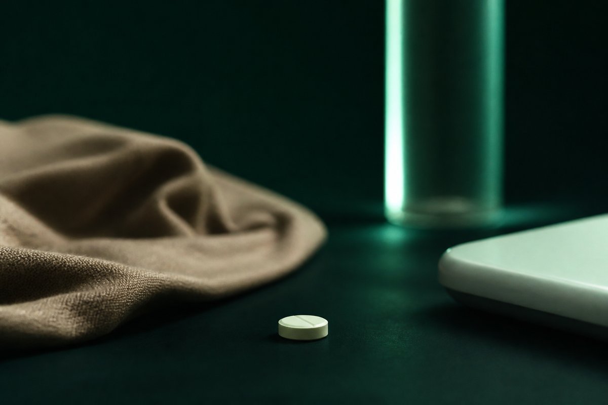 Forest-green still life: warm cloth, 50 mg tablet
