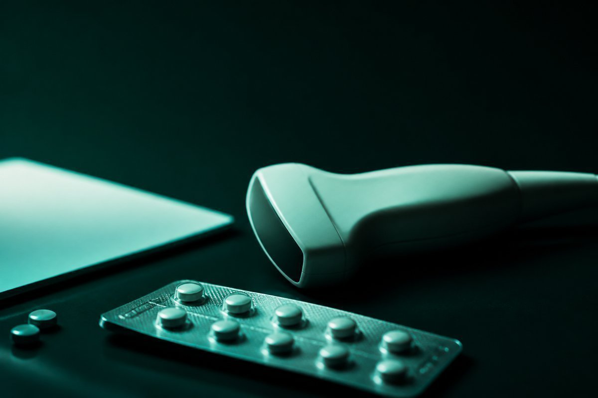 Forest-green still life: ultrasound probe silhouette, cycle blister