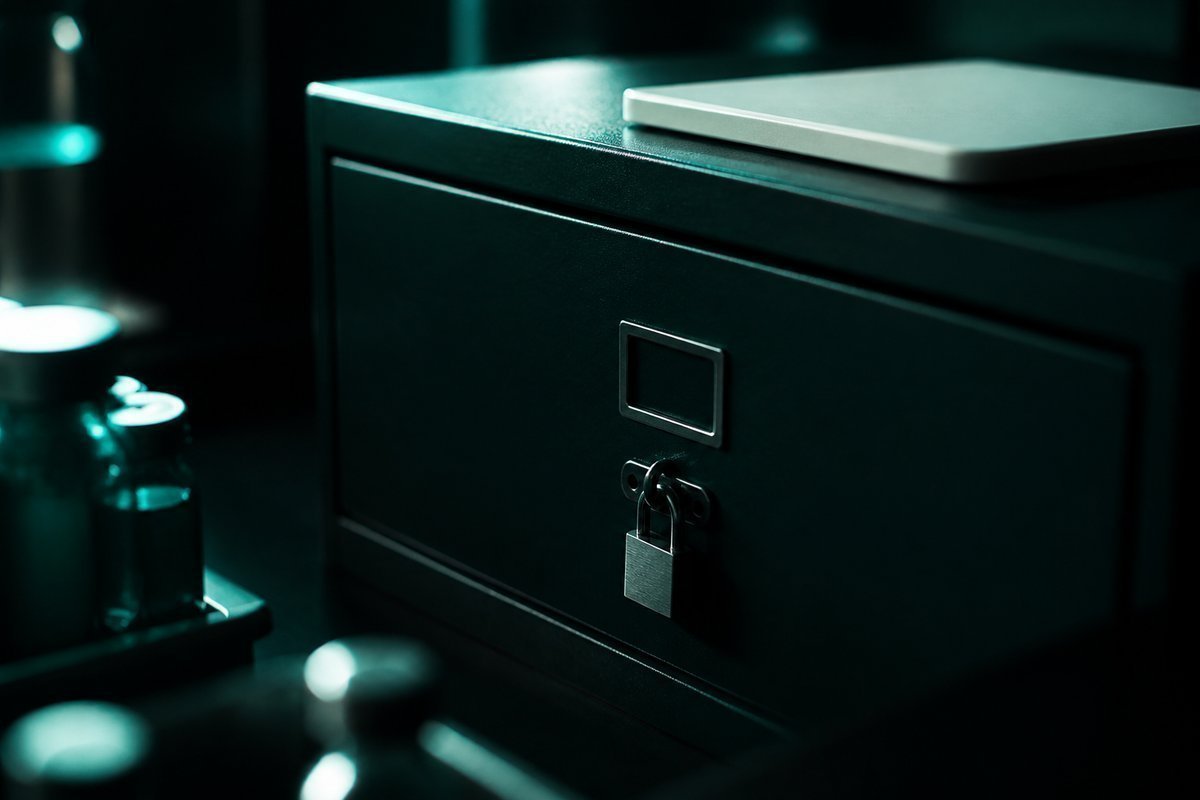 Forest-green still life: locked fertility drawer