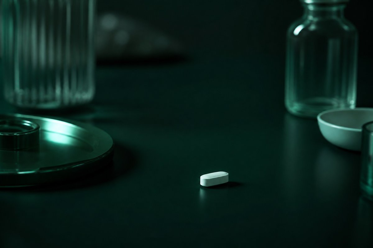 Forest-green still life: wait window after the last tablet