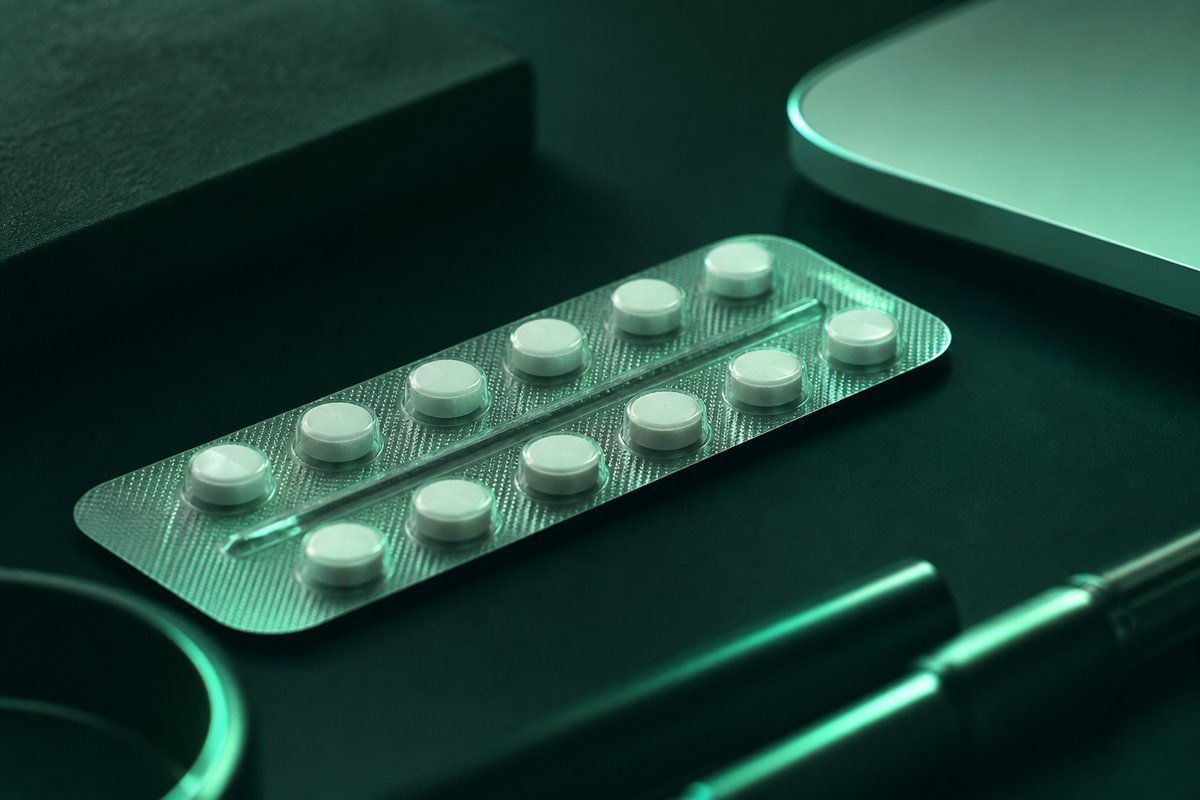 Forest-green still life: 50 mg tablets on a cycle strip