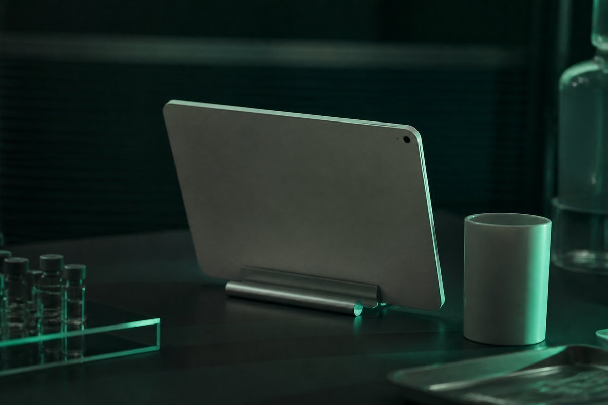 Forest-green still life: tablet with a plain cup
