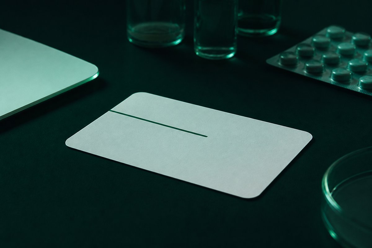 Forest-green still life: one indication line chosen on a card