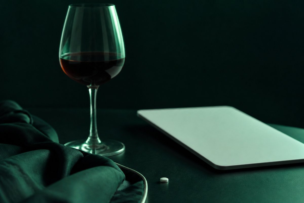 Forest-green still life: wine plus extra drowsiness cloth