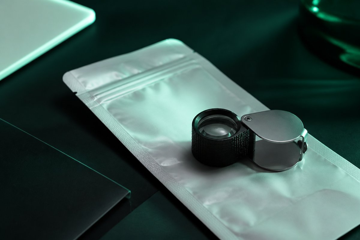 Forest-green still life: loupe on a clonidine mailer
