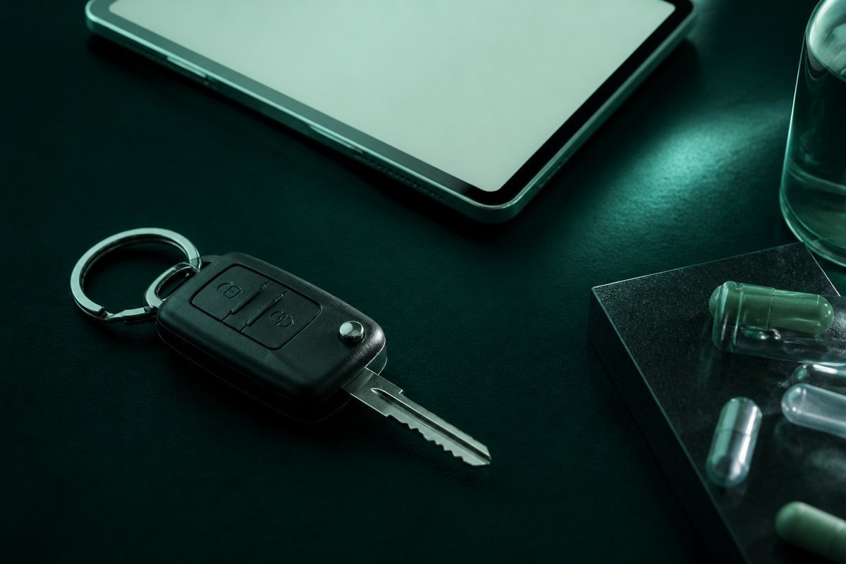 Forest-green still life: car keys set down, tablet in view