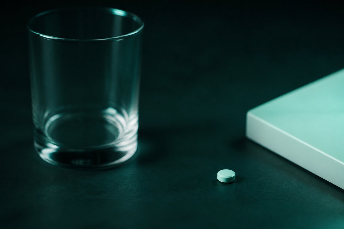 Forest-green still life: dry glass, small tablet