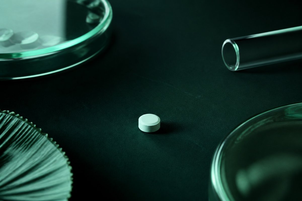 Forest-green still life: two names, one small tablet