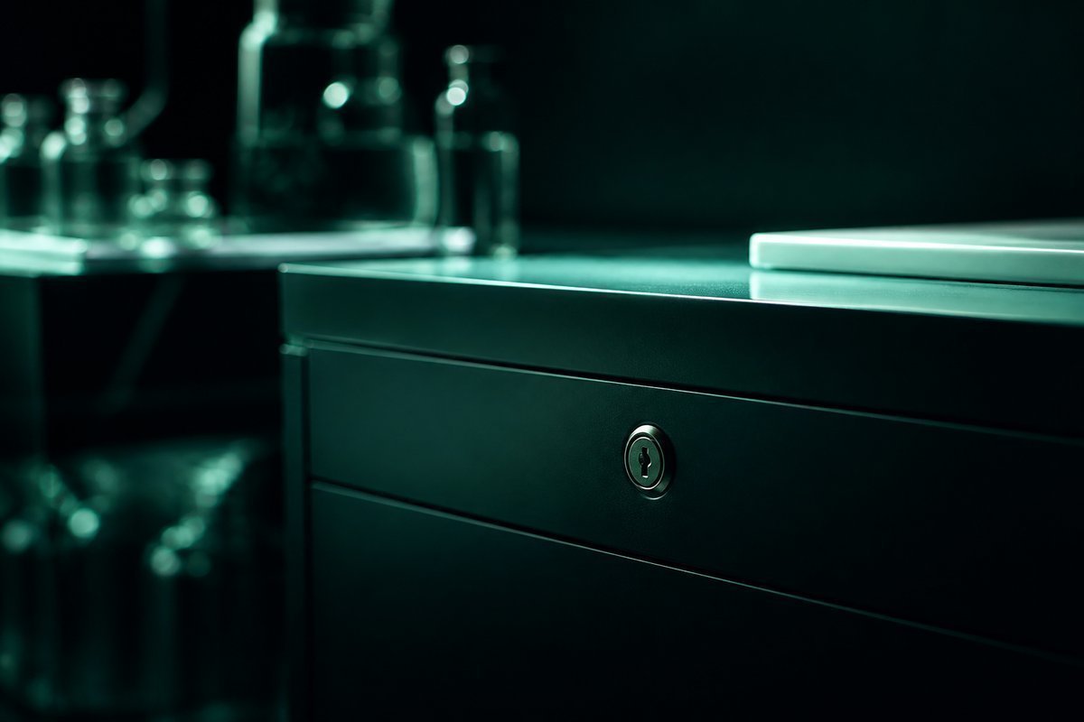 Forest-green still life: locked BP drawer