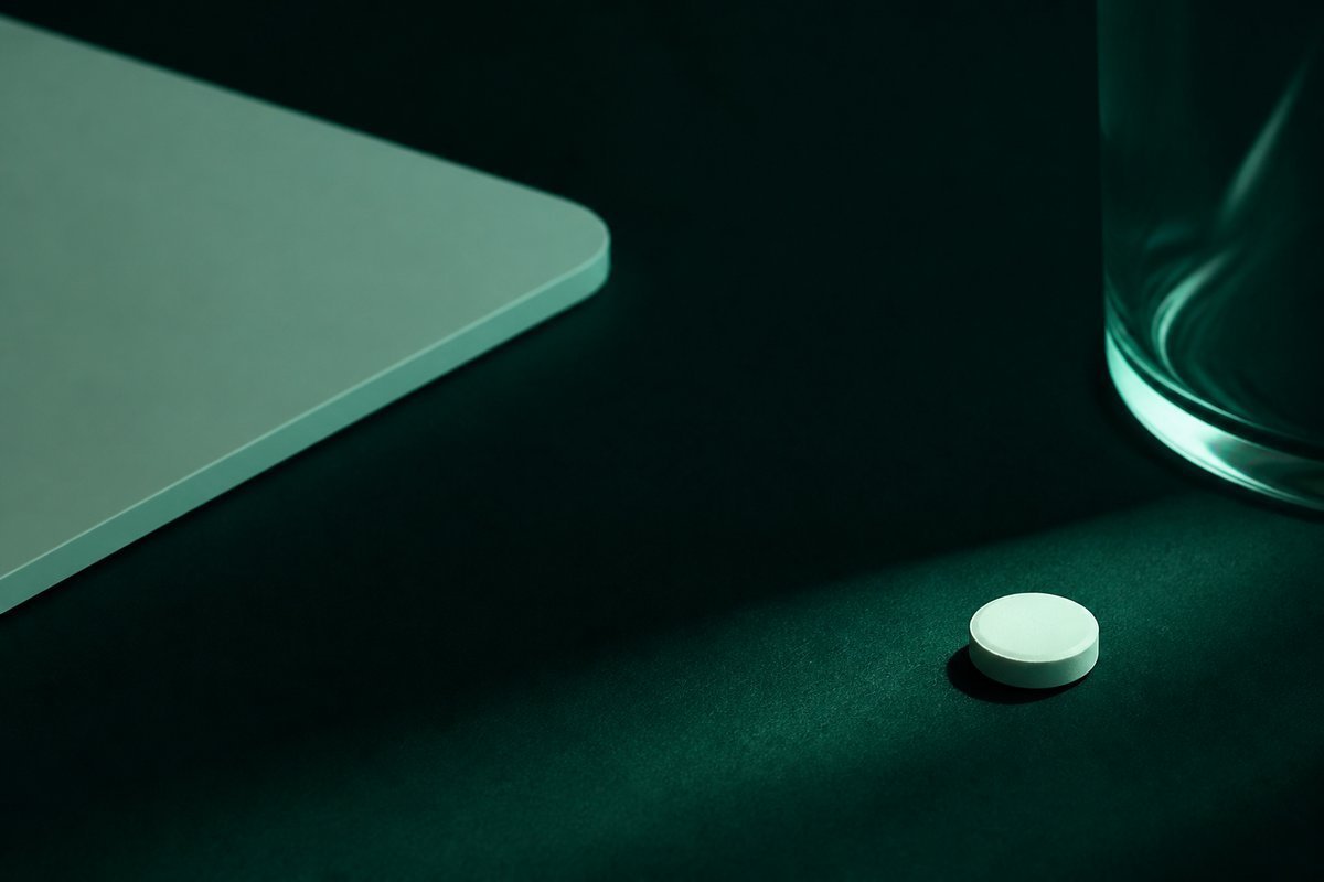 Forest-green still life: weekly patch silhouette versus a tablet