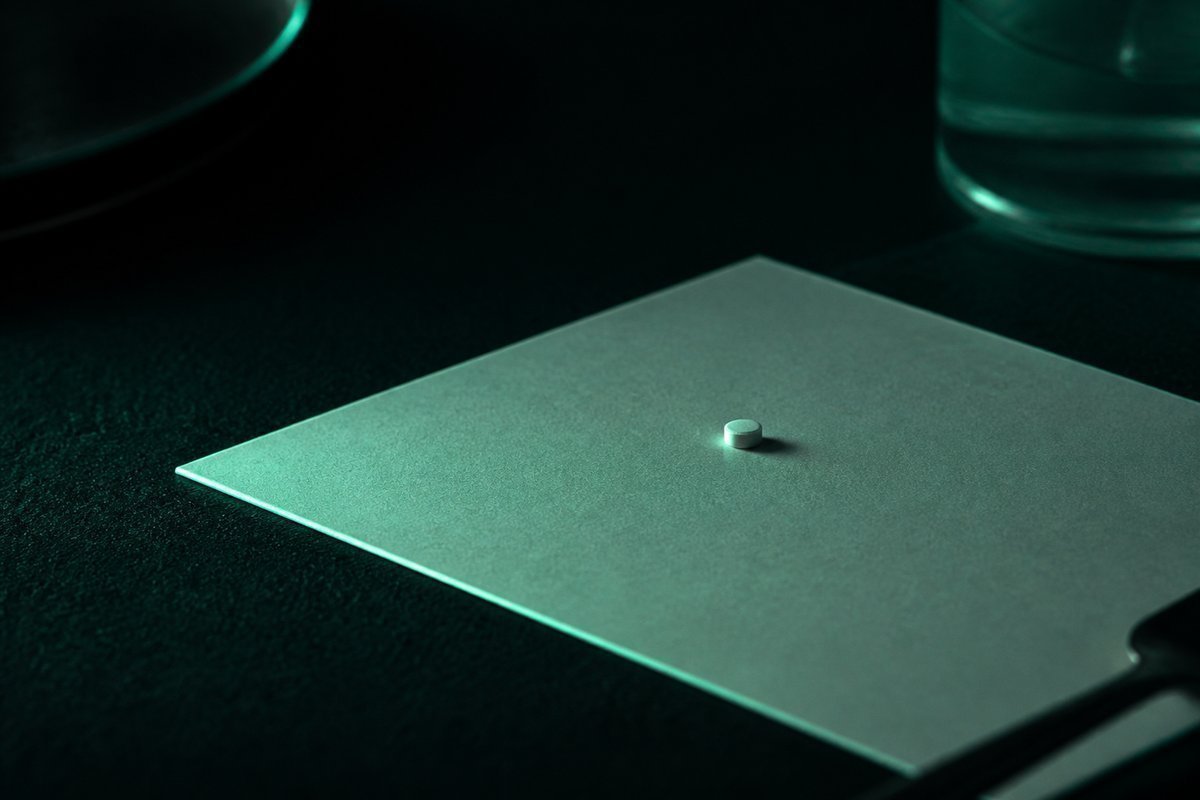 Forest-green still life: tiny 0.1 tablet on a pressure card