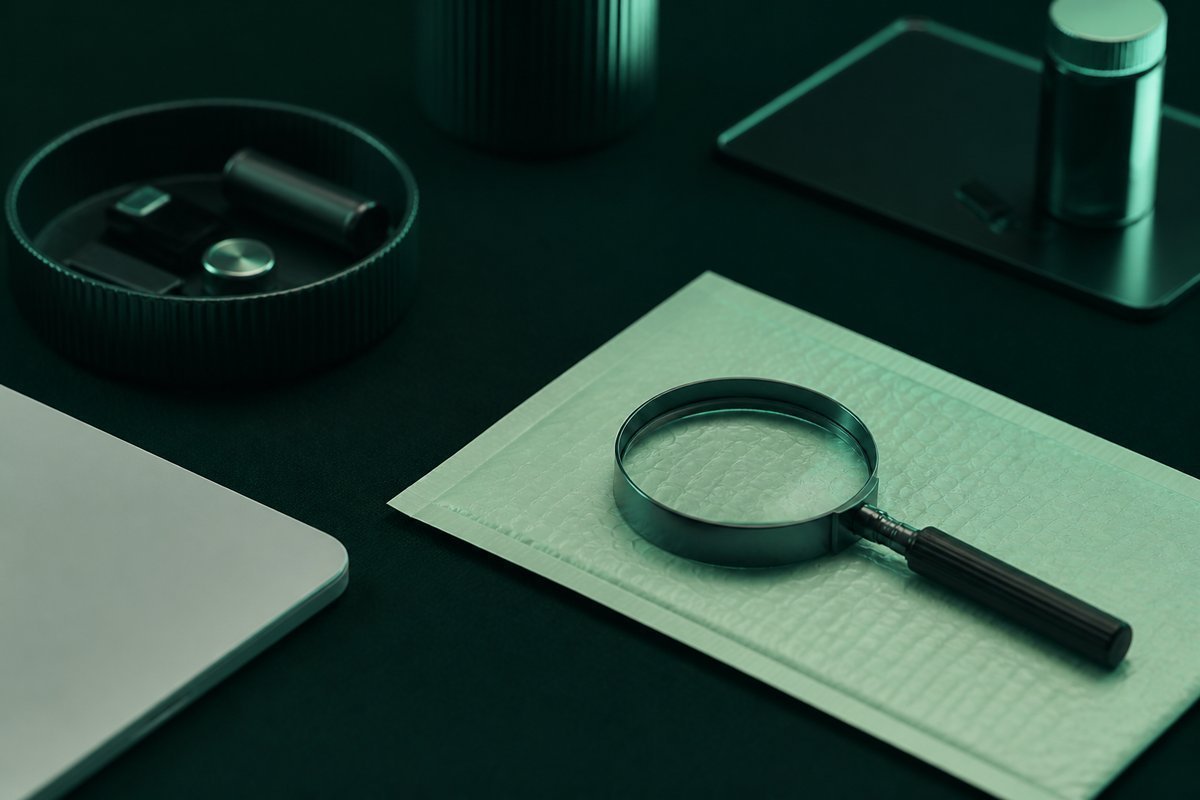 Forest-green still life: loupe on a prednisone mailer