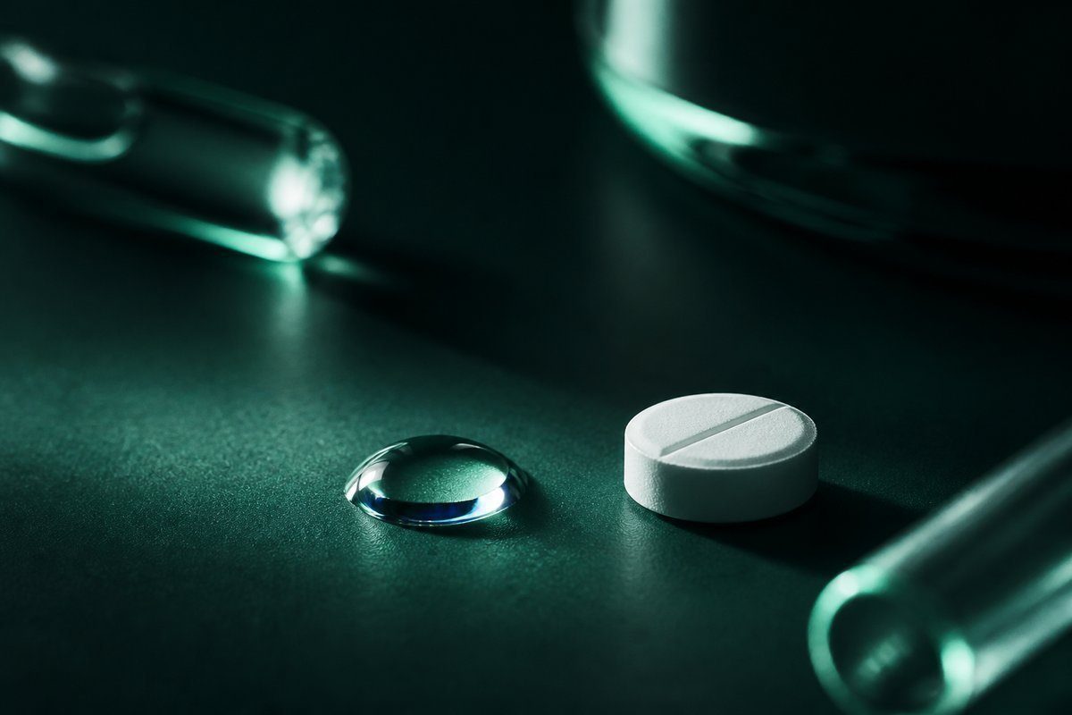 Forest-green still life: glucose drop and a steroid tablet