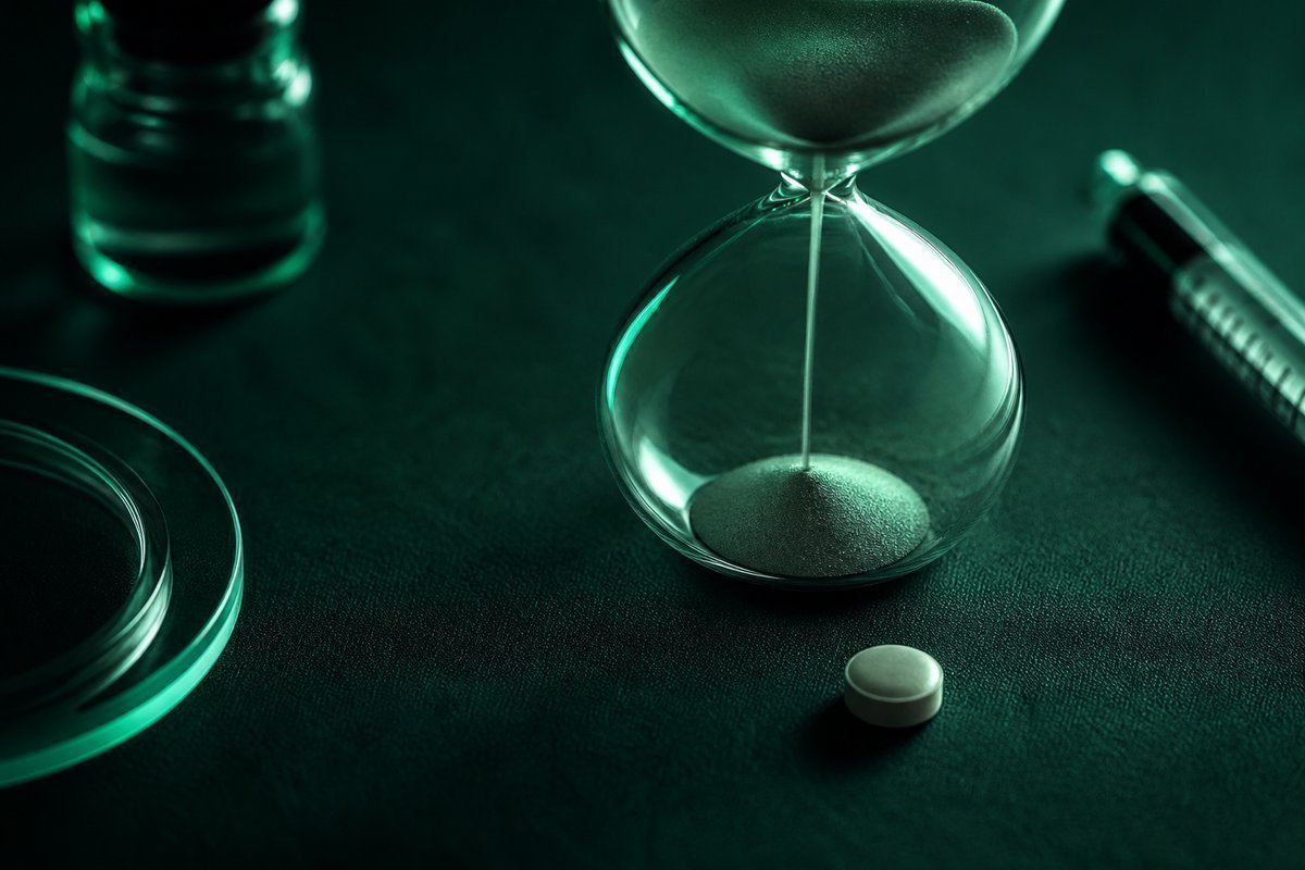 Forest-green still life: hourglass started, tablet just swallowed space