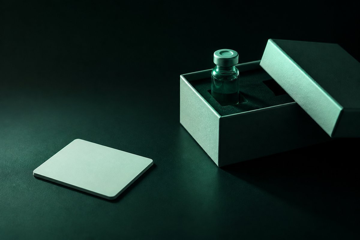 Forest-green still life: vaccine vial boxed away from tablets