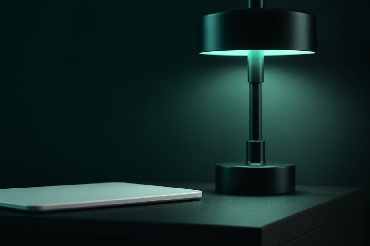 Forest-green still life: sleepless lamp, tablet on the night shelf