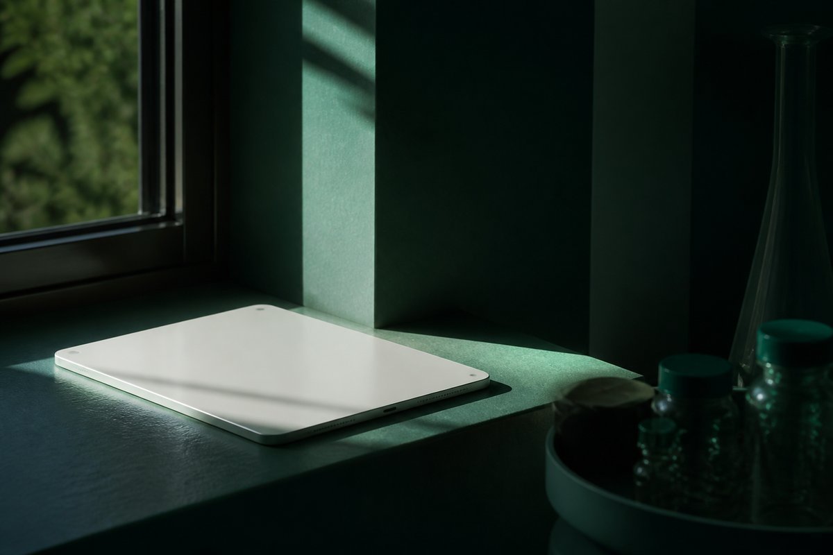 Forest-green still life: morning window light, tablet on the sill