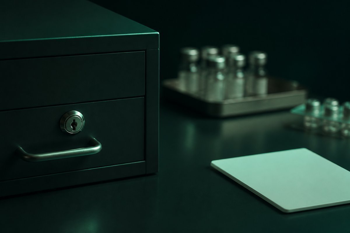 Forest-green still life: locked steroid drawer