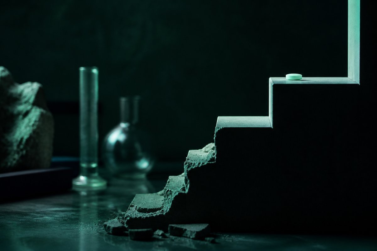 Forest-green still life: broken stair, last tablet still there