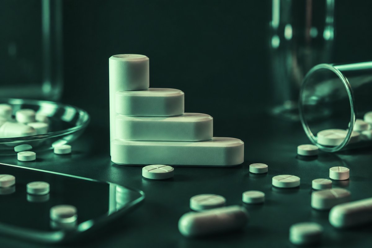 Forest-green still life: descending stair of tablets