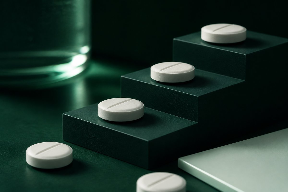 Forest-green still life: 10 mg burst tablets on a short stair