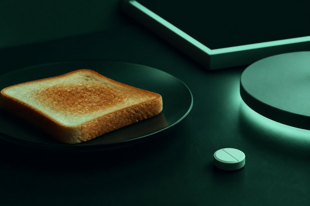 Forest-green still life: plain toast and a steroid tablet