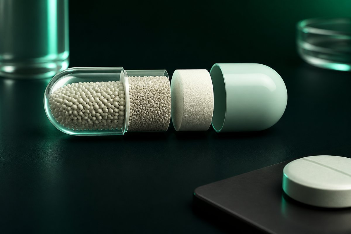 Forest-green still life: DR capsule cutaway as layers, no brand type