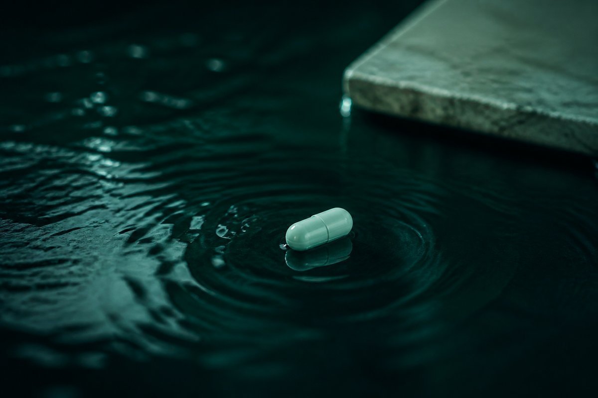 Forest-green still life: wine set aside, capsule on water