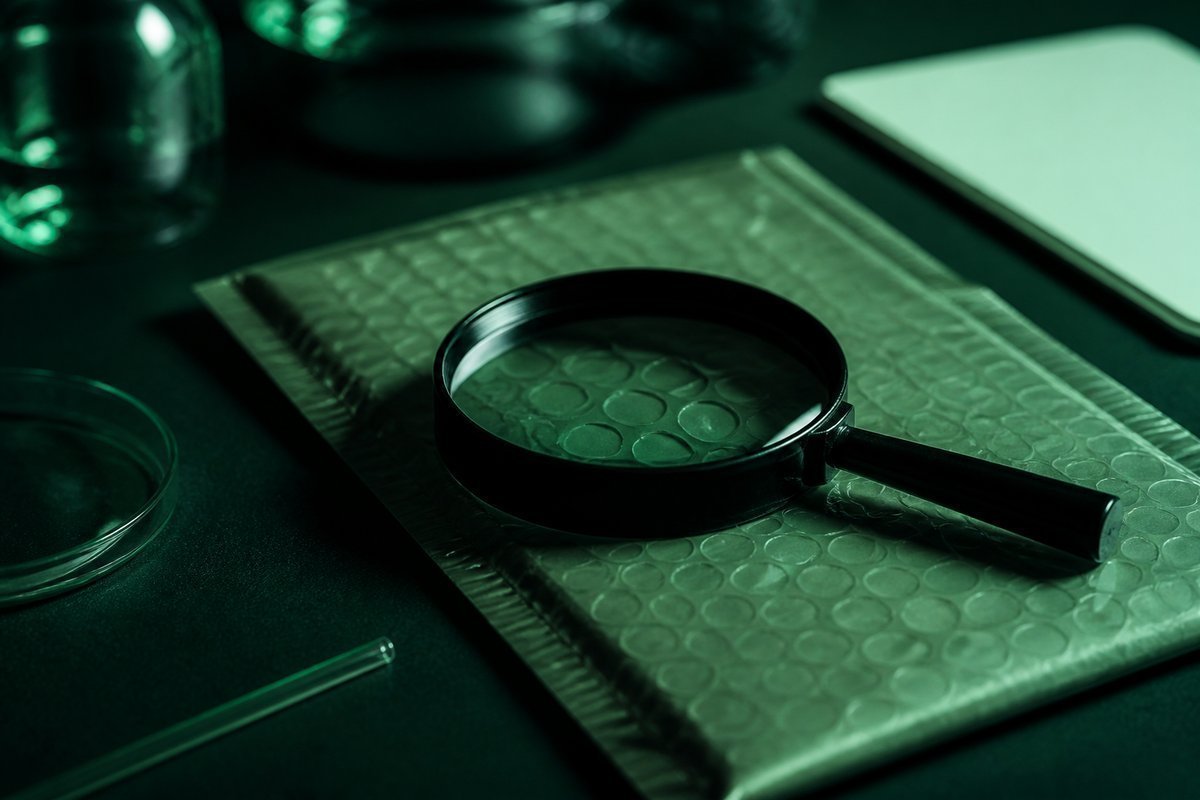 Forest-green still life: loupe on a doxycycline mailer