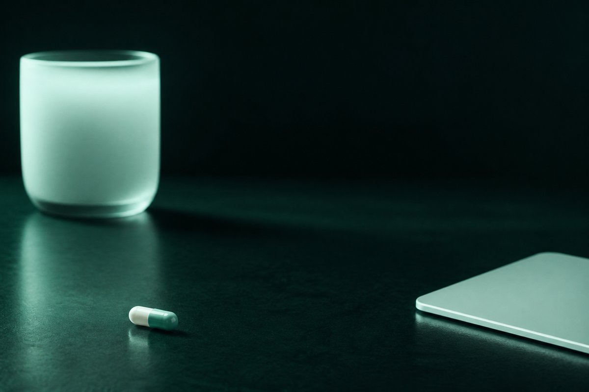 Forest-green still life: milk glass set far from a capsule