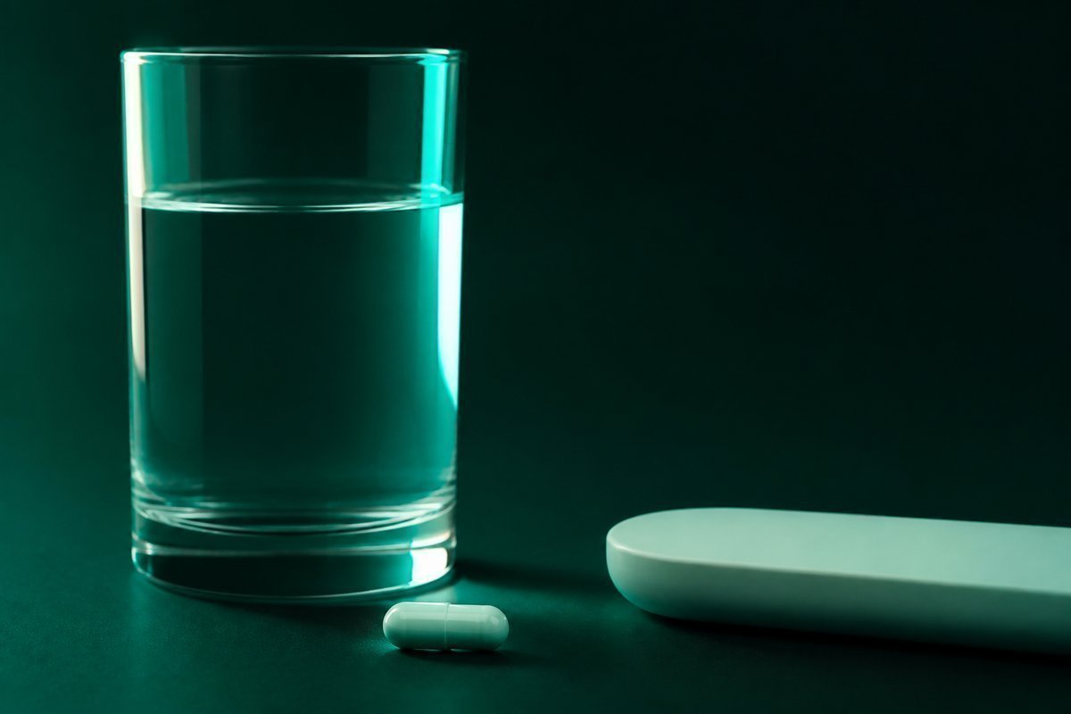 Forest-green still life: upright glass of water, capsule ready