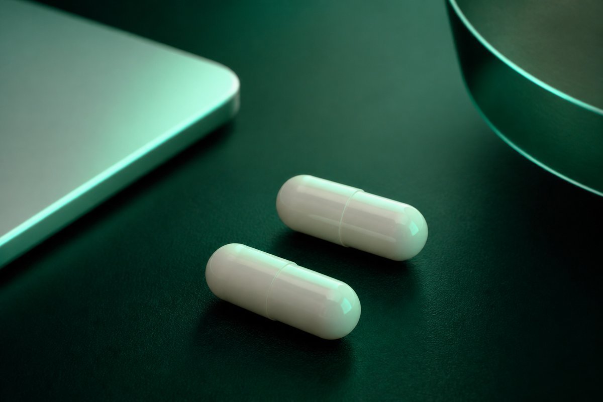 Forest-green still life: two DR capsules, same shape