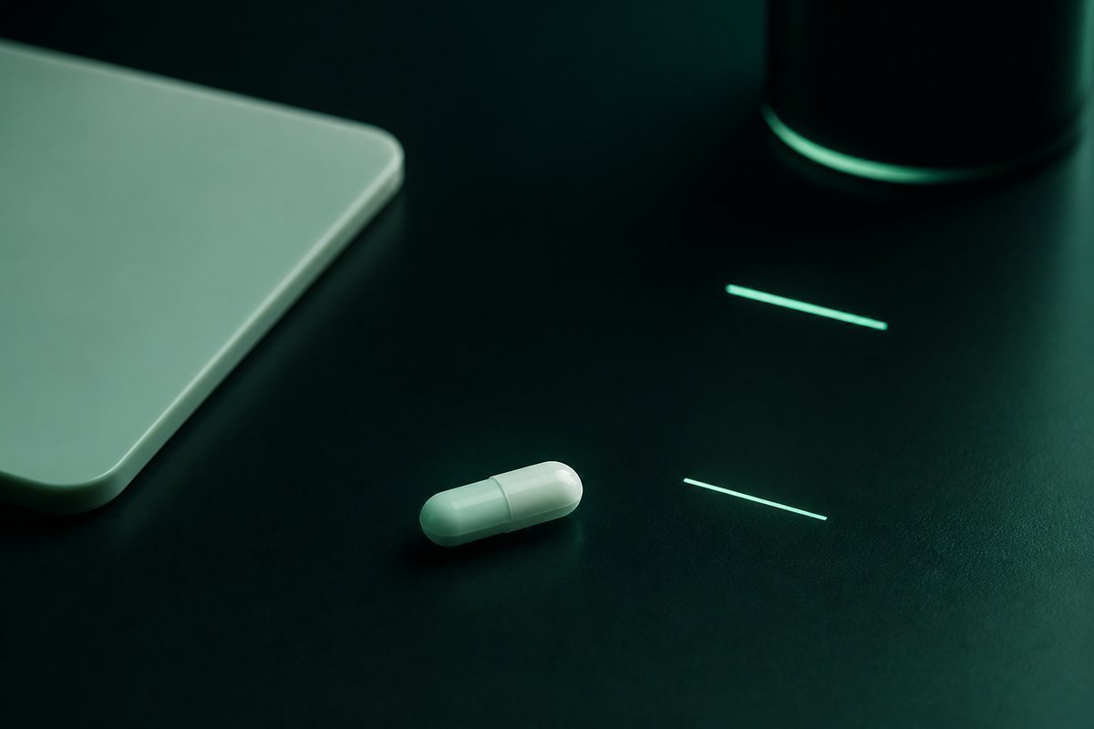 Forest-green still life: two indication marks, one capsule aligned to one
