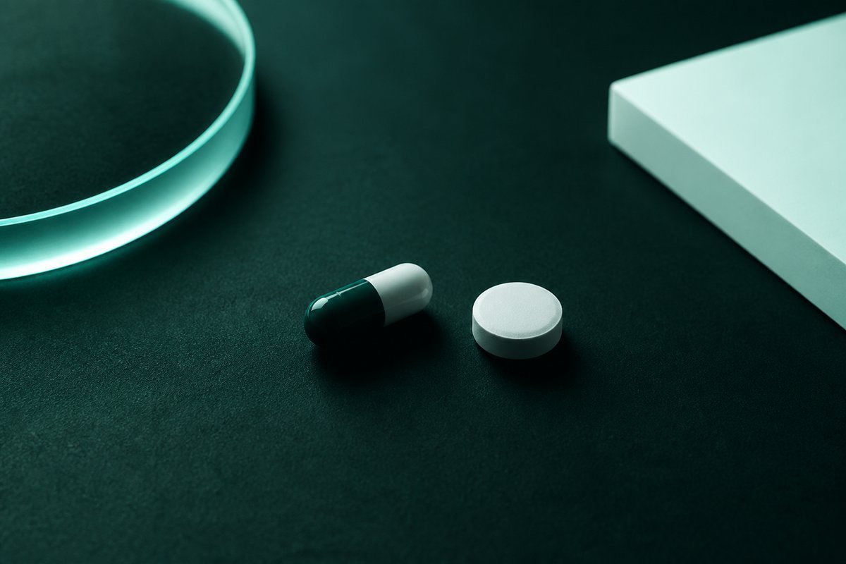 Forest-green still life: DR capsule versus a plain tablet, not swapped
