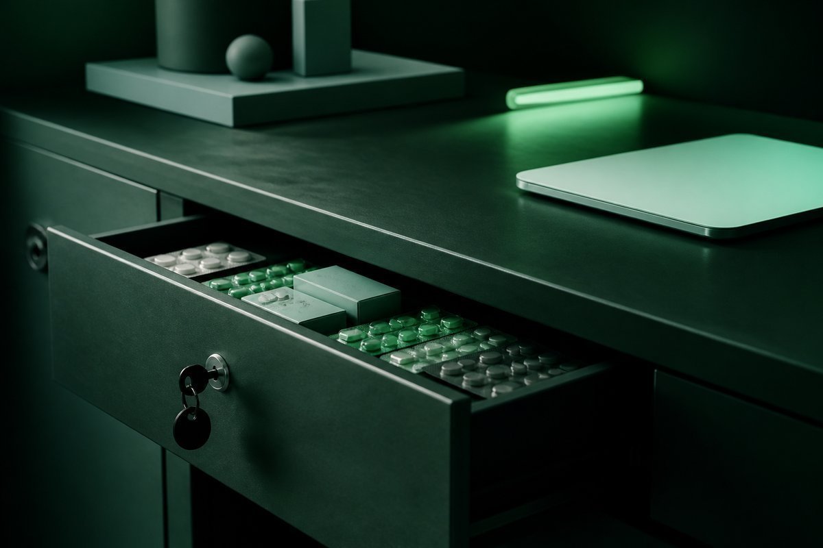 Forest-green still life: locked antibiotic drawer