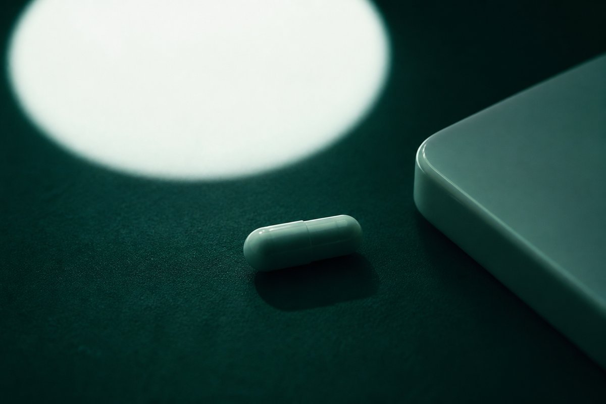 Forest-green still life: harsh sun disk and a capsule in shade